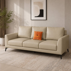 Ghế băng 3 của bộ sofa E001-113 da Nano màu kem nhạt, chụp chính diện. Ghế có thiết kế tối giản, đường nét thanh lịch, tay…