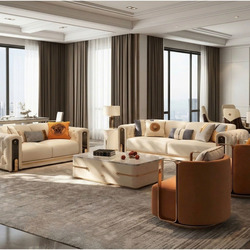 Toàn cảnh không gian phòng khách luxury rộng rãi, bộ sofa SBQ016 màu kem nhạt và nâu cam được bố trí hài hòa. Sofa băng dà…