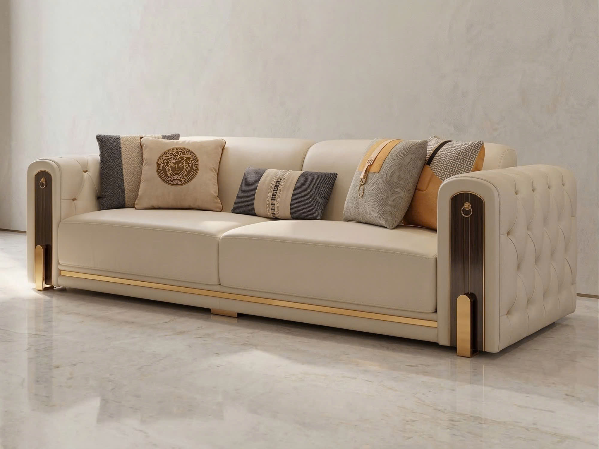 Sofa Luxury băng 4 SF-Q016-4 màu kem nhạt, chụp cận cảnh từ góc thấp, nổi bật đường nét hiện đại kết hợp tân cổ điển. Tay…