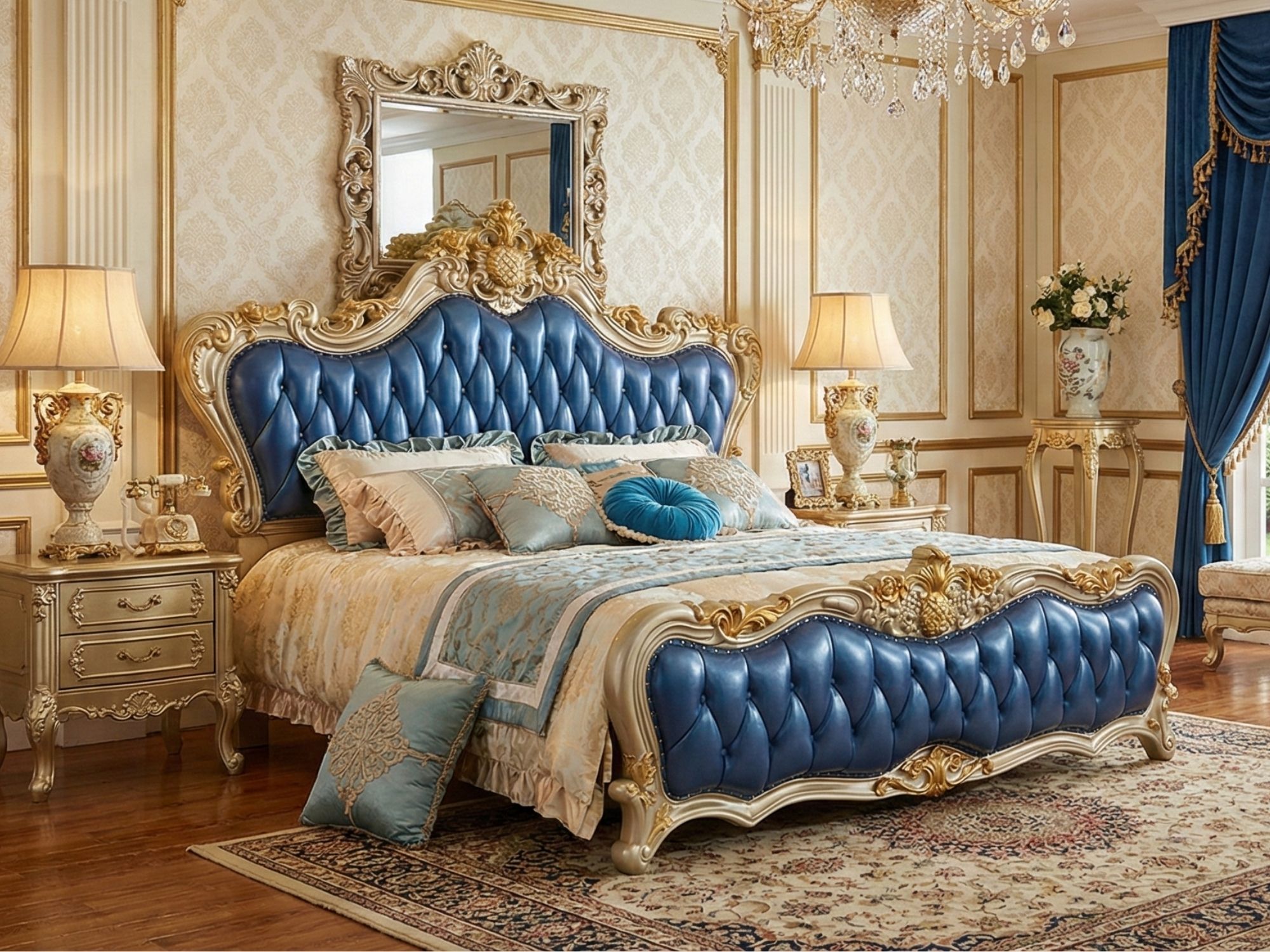 Giường ngủ tân cổ điển GIB06-20 được đặt trong không gian phòng ngủ luxury, chụp góc rộng hơi chếch sang phải. Giường nổi…