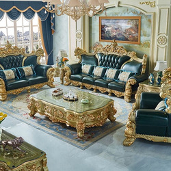 Bộ sofa tân cổ điển SB981-123 chụp toàn cảnh trong phòng khách sang trọng. Gồm ghế đơn, băng hai, băng ba bọc da xanh rêu…
