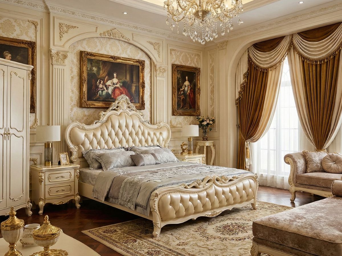 Giường ngủ tân cổ điển GIB02-18 đặt trong không gian phòng ngủ luxury sang trọng với tông màu kem và vàng đồng. Giường có…