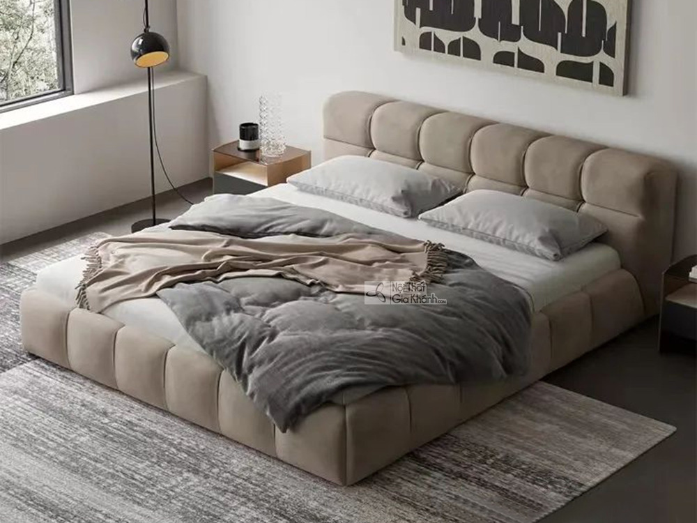 Giường Ngủ Bọc Da Hiện Đại GIB06-18 được chụp từ góc trên cao, thể hiện rõ thiết kế đầu giường và thân giường bọc da sinh…