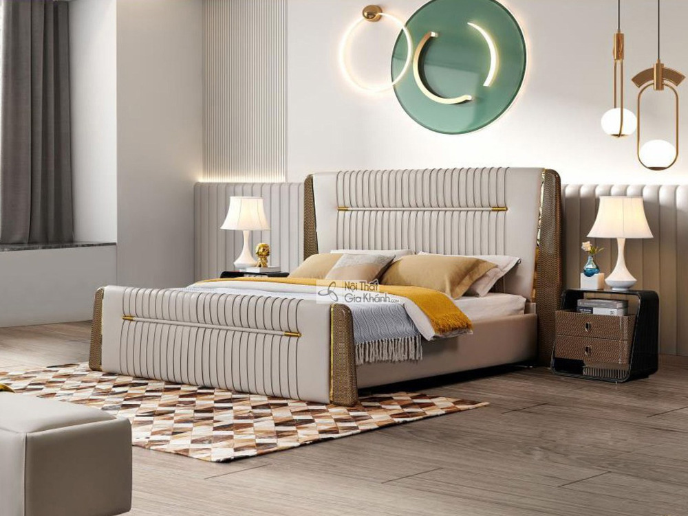 Giường ngủ bọc da luxury GIGD16-18 được chụp từ góc hơi chếch bên phải, nổi bật phần đầu giường cao, bo cong mềm mại với c…