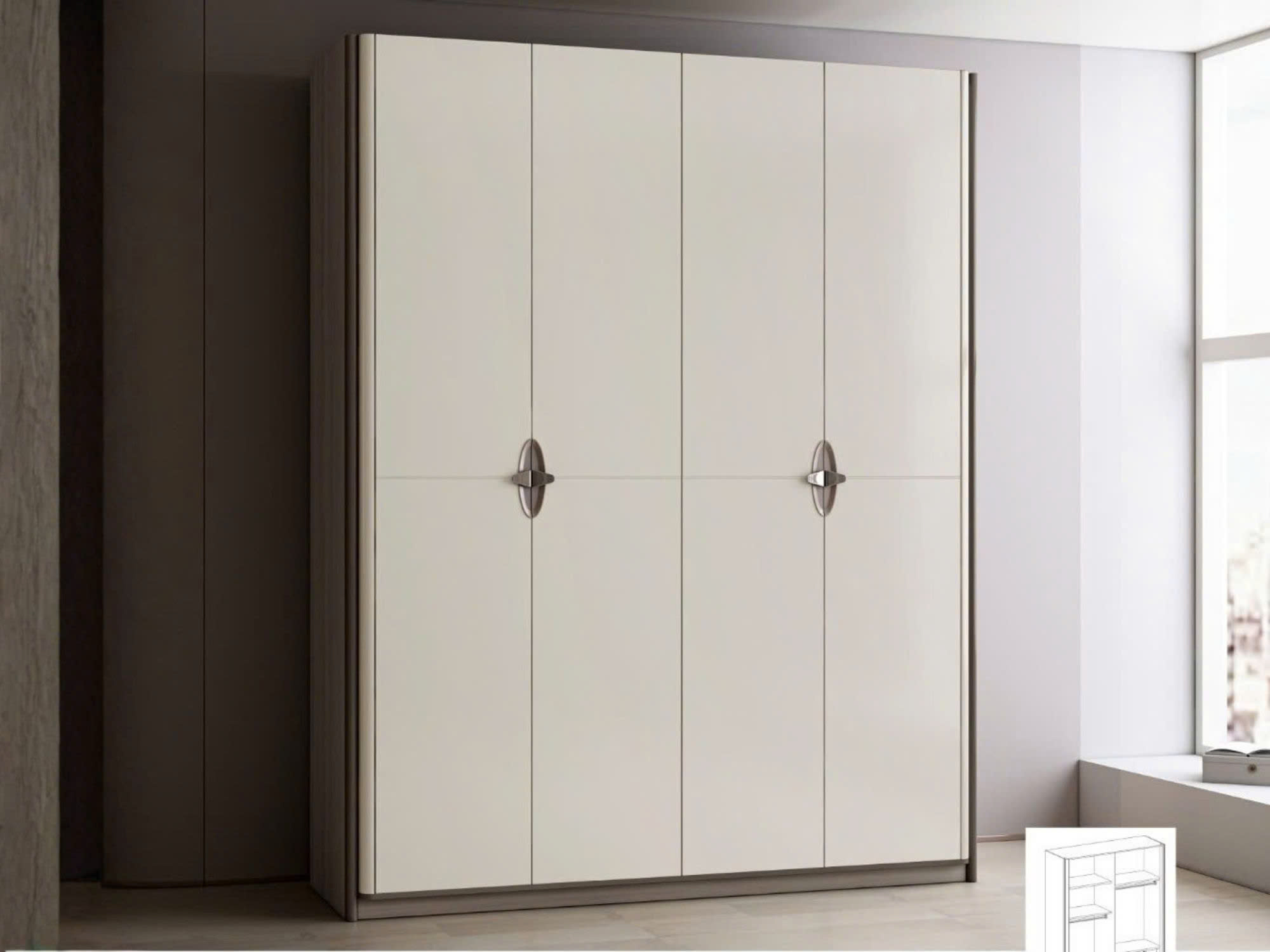Cận cảnh tủ quần áo 4 cánh thuộc bộ BG2A-2, nổi bật với thiết kế phẳng màu trắng kem chủ đạo và viền xám tinh tế. Tay nắm…