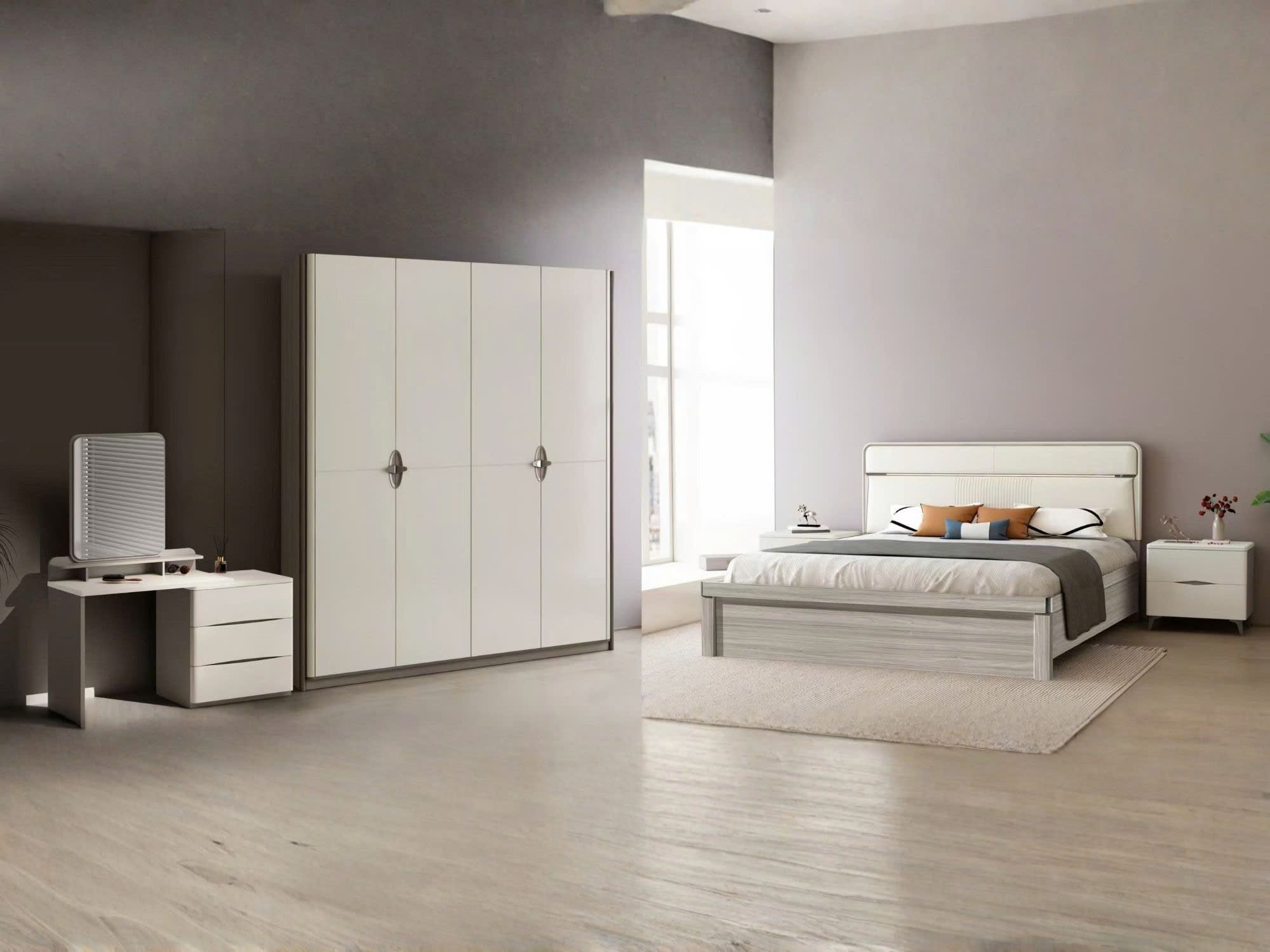 Toàn cảnh bộ giường tủ hiện đại BG2A-2 trong một phòng ngủ rộng rãi, với giường 1m8x2m có đầu giường bọc đệm màu trắng kem…