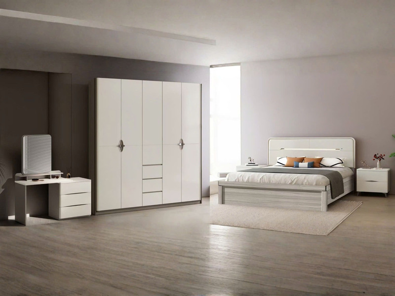 Toàn cảnh bộ phòng ngủ hiện đại BG2A-2-15 được bài trí trong không gian rộng rãi. Giường 1m8x2m có đầu giường bọc da màu t…