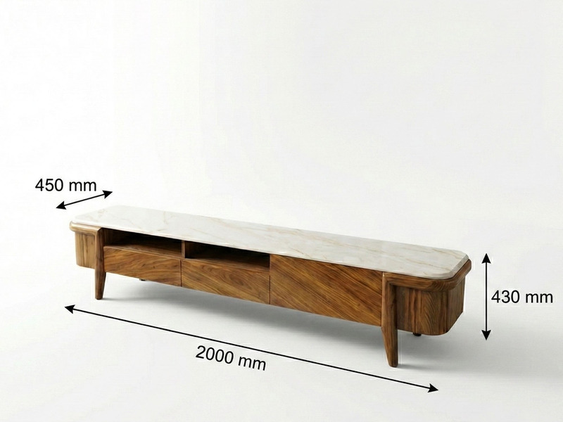 Kệ tivi A08 được chụp trên nền trắng, hiển thị rõ kích thước chi tiết: dài 2000mm, rộng 450mm, cao 430mm. Sản phẩm có khun…