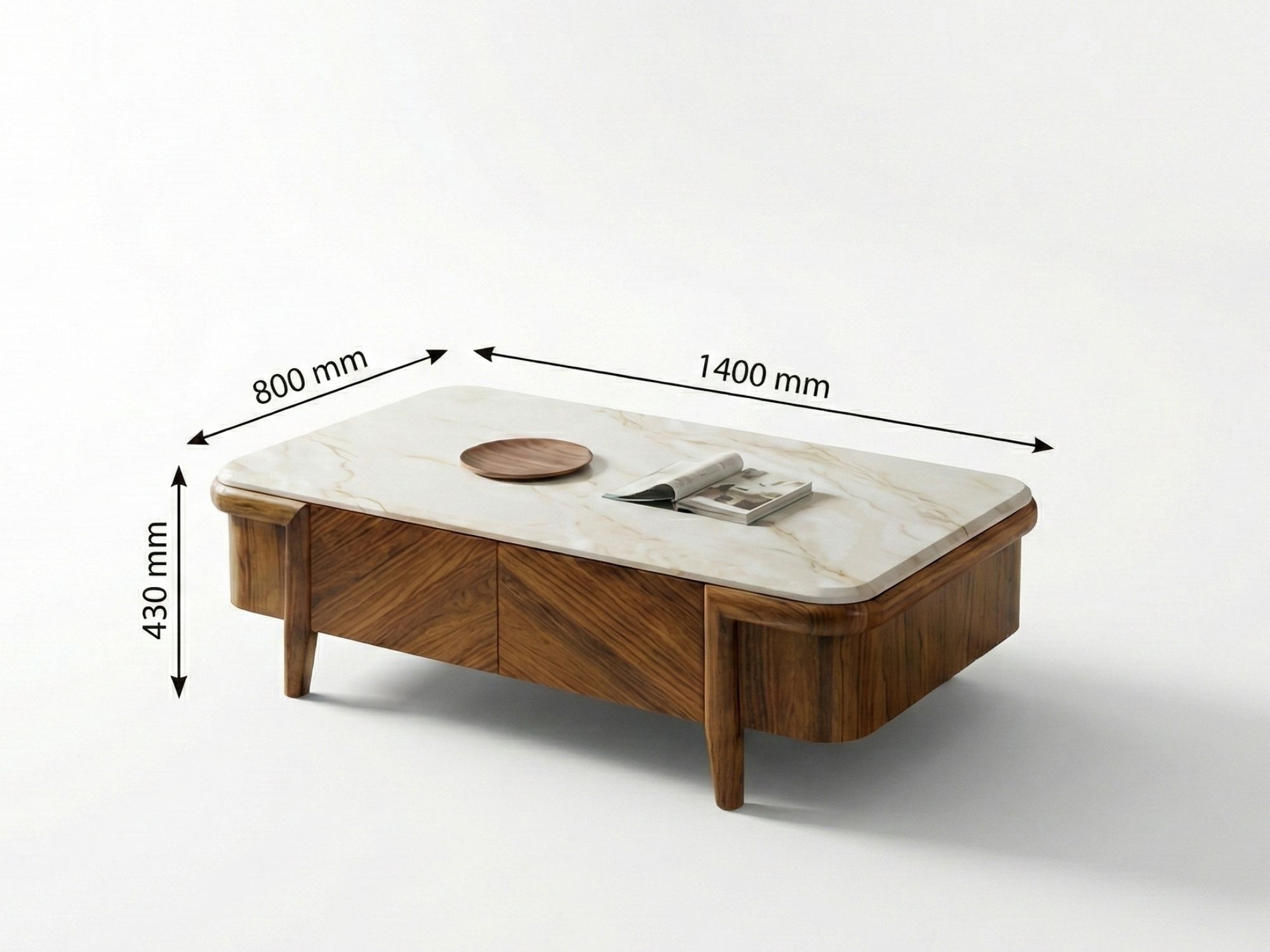 Bàn trà A08 chụp trên nền trắng studio, hiển thị rõ kích thước: dài 1400mm, rộng 800mm, cao 430mm. Bàn có khung gỗ mun tự…