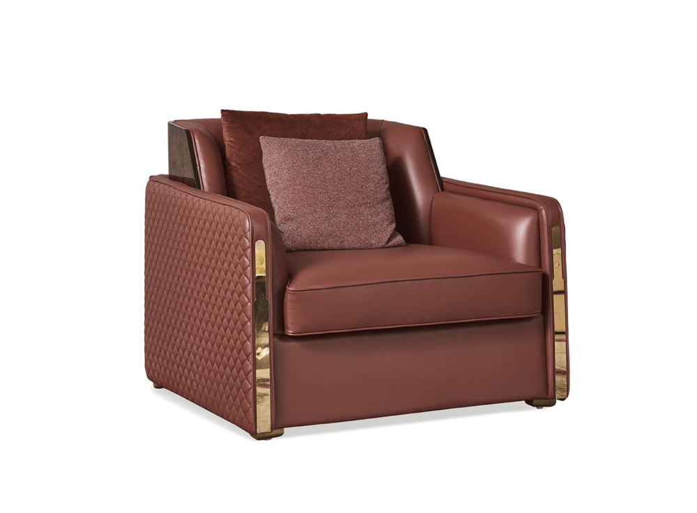 Ghế sofa đơn SFQ670 màu nâu đỏ nổi bật với thiết kế luxury, bọc da bò tự nhiên. Phần tay vịn và hông ghế được trang trí họ…