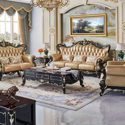 Bộ sofa tân cổ điển SB826-123 chụp trong phòng khách. Gồm ghế đơn, đôi, ba, khung gỗ Sồi đen bóng chạm khắc vàng đồng. Đệm…