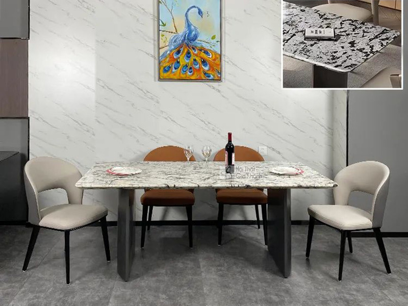 Bàn ăn mặt đá cao cấp BATYG-639-18 được chụp chính diện trong không gian phòng ăn hiện đại. Mặt bàn hình chữ nhật bằng đá…