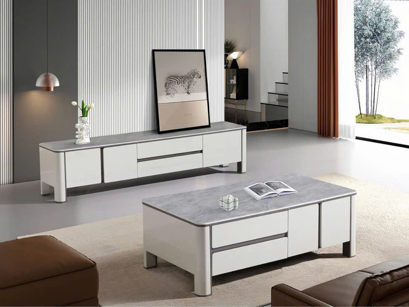 Bàn trà hiện đại BT2519-13 và kệ tivi đồng bộ được đặt trong không gian phòng khách sang trọng. Bàn trà hình chữ nhật với…