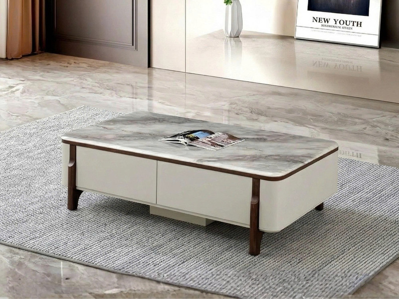 Bàn trà mặt đá BT-C6-1400 chụp cận cảnh từ góc trên xuống, nổi bật mặt đá siêu tinh thể vân xám trắng sang trọng. Thân bàn…