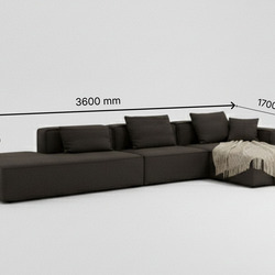 Hình ảnh bộ sofa góc trái SF1801B màu nâu đậm trên nền trắng, hiển thị rõ ràng các kích thước tổng thể: chiều dài 3600mm…