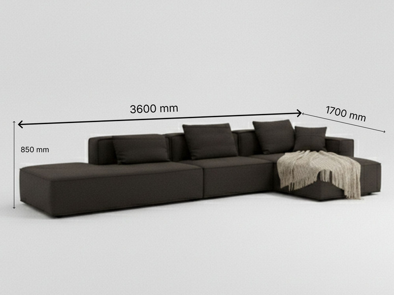 Hình ảnh bộ sofa góc trái SF1801B màu nâu đậm trên nền trắng, hiển thị rõ ràng các kích thước tổng thể: chiều dài 3600mm…