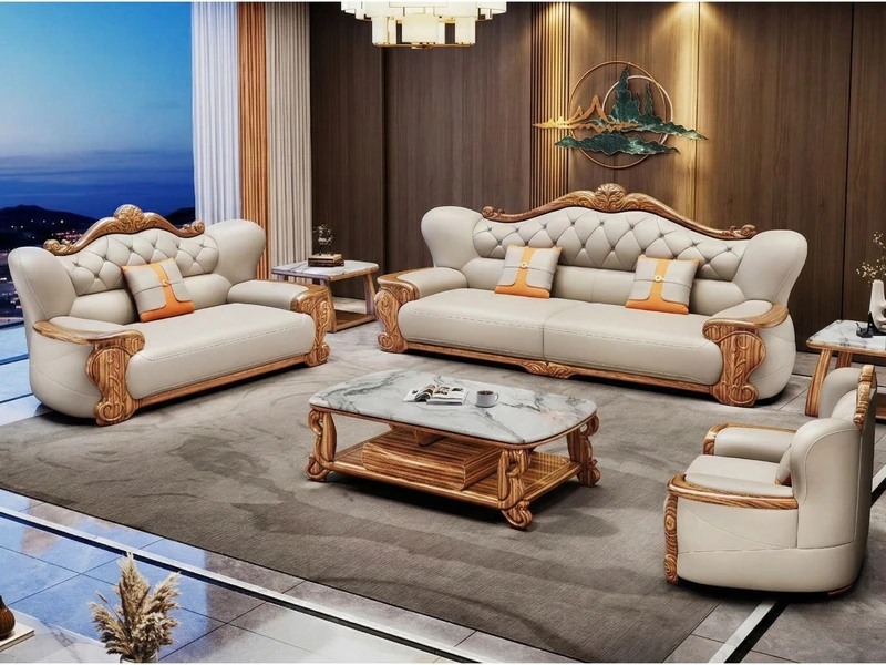 Bộ sofa gỗ mun tân cổ điển SBD57-124 gồm hai băng, một ghế đơn và bàn trà mặt đá, đặt trong không gian phòng khách sang tr…