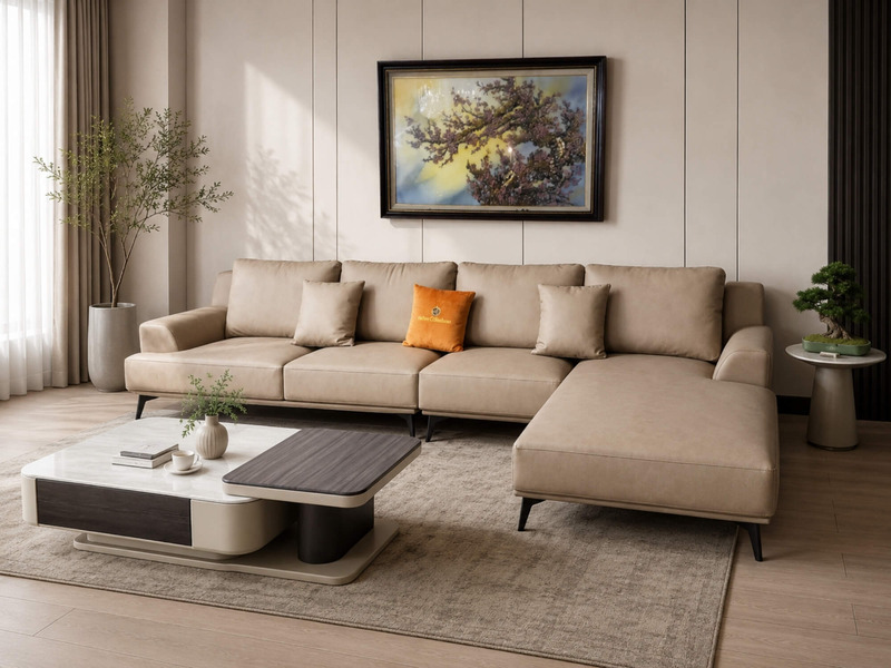 Sofa da AURELIA 3 băng góc trái màu be nhạt, kiểu dáng tối giản hiện đại, đặt trong phòng khách sang trọng với thảm họa ti…