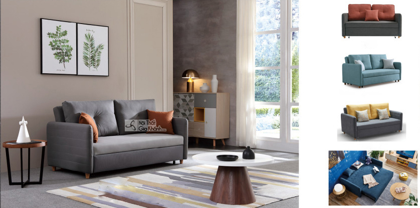 Tổng quan sofa giường SF177 màu xám ghi trong không gian phòng khách hiện đại. Hình ảnh này còn kèm theo các ảnh nhỏ minh…