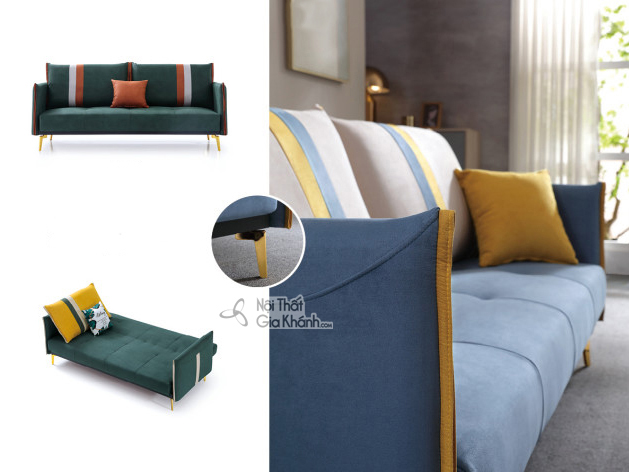 Hình ảnh tổng hợp các góc nhìn và tính năng của sofa giường SF197-2G. Ảnh chính bên phải hiển thị sofa màu xanh dương với…