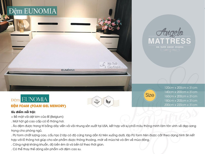 Ảnh chụp tổng thể đệm Foam Gel Memory EunoMia của Nội Thất Gia Khánh, đặt trên một chiếc giường ngủ phong cách hiện đại vớ…