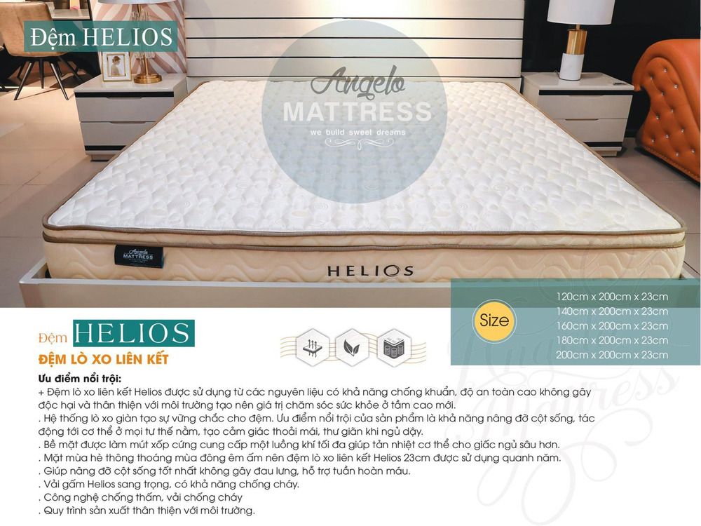 Đệm lò xo liên kết cao cấp Helios thương hiệu Angelo được đặt trên một chiếc giường ngủ hiện đại, chụp từ góc nhìn hơi cao…