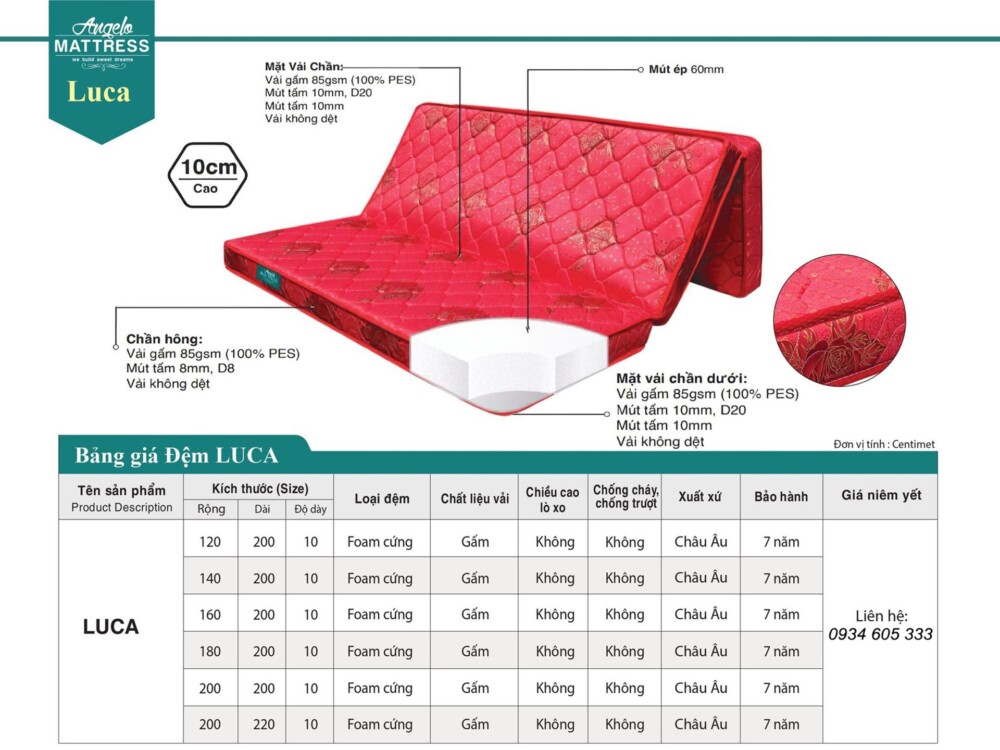 Hình ảnh minh họa cấu tạo chi tiết của đệm foam cứng Luca màu đỏ, được gấp gọn để lộ các lớp vật liệu bên trong. Ảnh chụp…