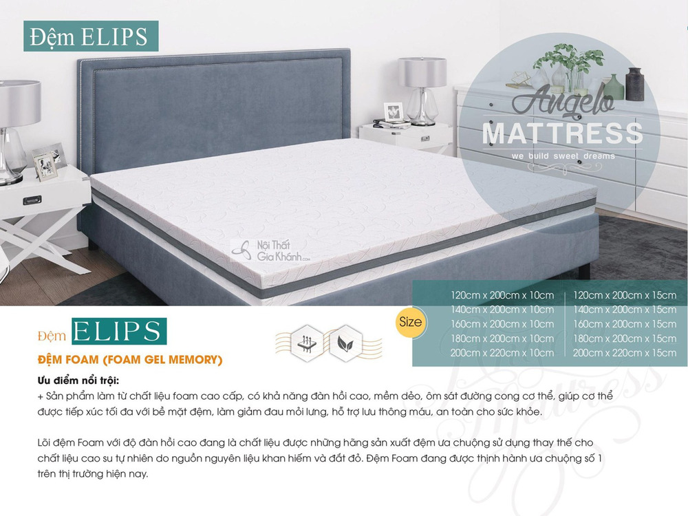 Đệm Foam Gel Memory Elips được đặt gọn gàng trên một chiếc giường bọc vải màu xám đậm, chụp từ góc hơi chếch phía trên. Bề…