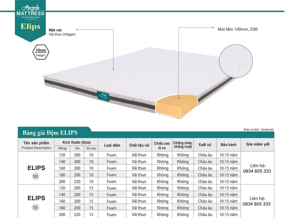 Hình ảnh cận cảnh cấu tạo bên trong của đệm Foam Gel Memory Elips, chụp theo góc nhìn từ trên xuống và cắt một phần để lộ…