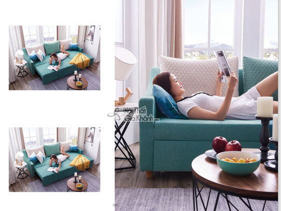 Hình ảnh tổng hợp thể hiện tính năng đa năng của bộ sofa SF258-1F. Ảnh lớn là cận cảnh người phụ nữ nằm trên sofa xanh ngọ…