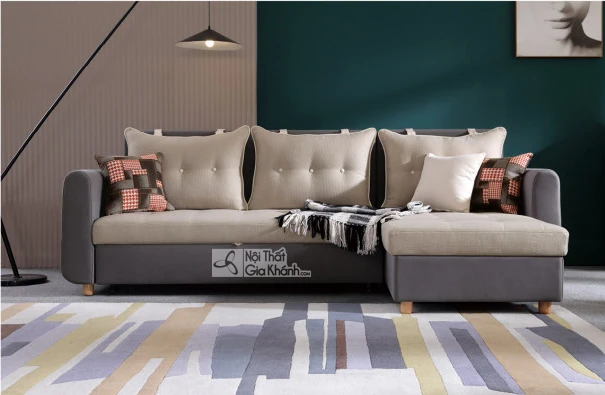 Ghế sofa giường góc chữ L SF250-8G được chụp toàn cảnh trong không gian phòng khách hiện đại. Sofa có thiết kế tối giản vớ…