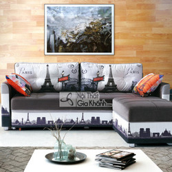 Sofa giường góc SF119B-26G màu xám đậm và trắng, nổi bật với họa tiết đường chân trời thành phố và tháp Eiffel trên phần t…