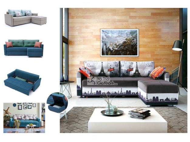 Tổng quan sofa giường góc SF119B-26G màu xám đậm và trắng với họa tiết City Light, đặt trong phòng khách có tường gỗ và bà…