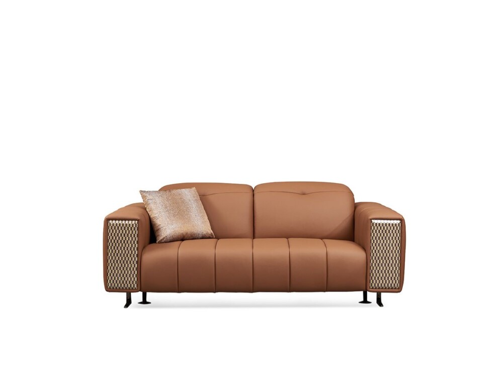 Ảnh chụp chính diện băng sofa 2 chỗ SBQ336-1123 màu nâu da bò trên nền trắng. Sofa có kiểu dáng hiện đại, tối giản với các…