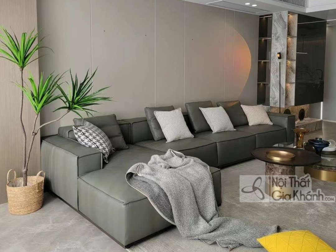 Bộ sofa góc phải SF1801GP được chụp từ góc rộng, nhìn từ phía trước bên trái, làm nổi bật phần góc của sofa. Sofa có thiết…