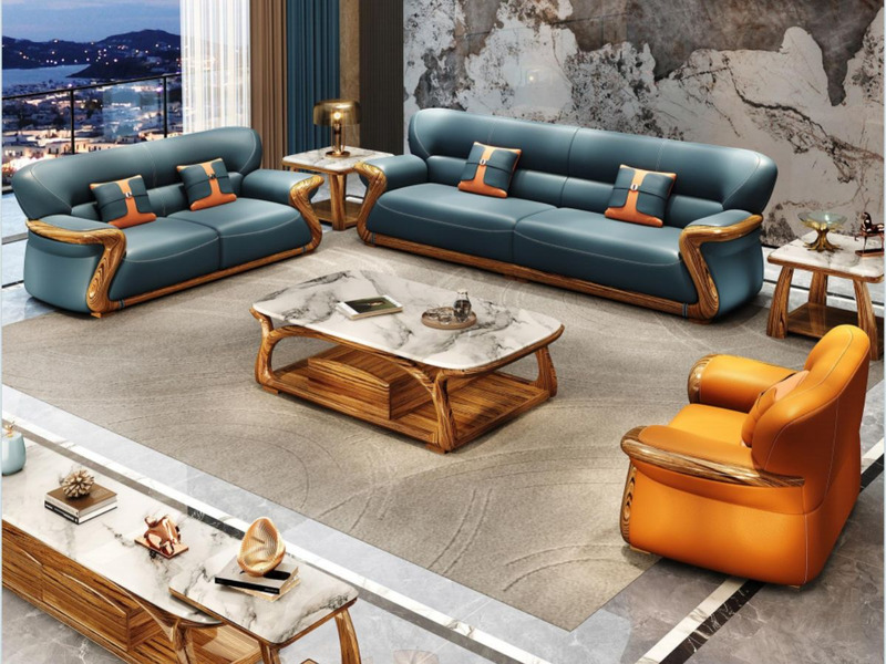 Toàn cảnh bộ sofa gỗ Mun SBF312-124 phong cách hiện đại luxury, được bài trí trong một phòng khách rộng rãi với ánh sáng ấ…