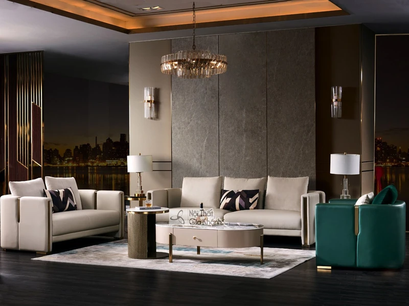 Ảnh chụp tổng thể bộ sofa luxury SFQ621-123 trong không gian phòng khách hiện đại. Bộ sofa gồm một ghế đơn, một ghế đôi và…