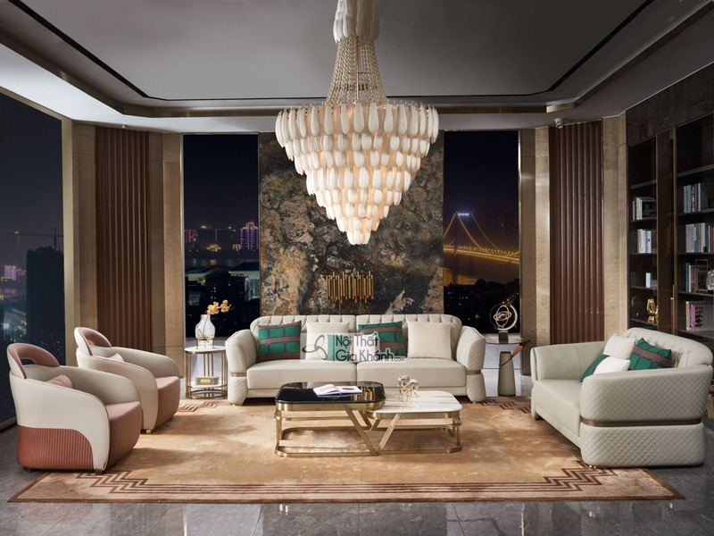 Toàn cảnh phòng khách sang trọng với bộ sofa luxury SFQ629-1124. Bộ sản phẩm gồm một sofa băng dài, một sofa băng vừa và h…