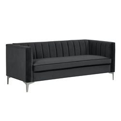 Sofa băng SF-552 màu xám đậm, chụp góc thấp từ phía trước, nổi bật thiết kế hiện đại với lưng và tay vịn có các đường sọc…