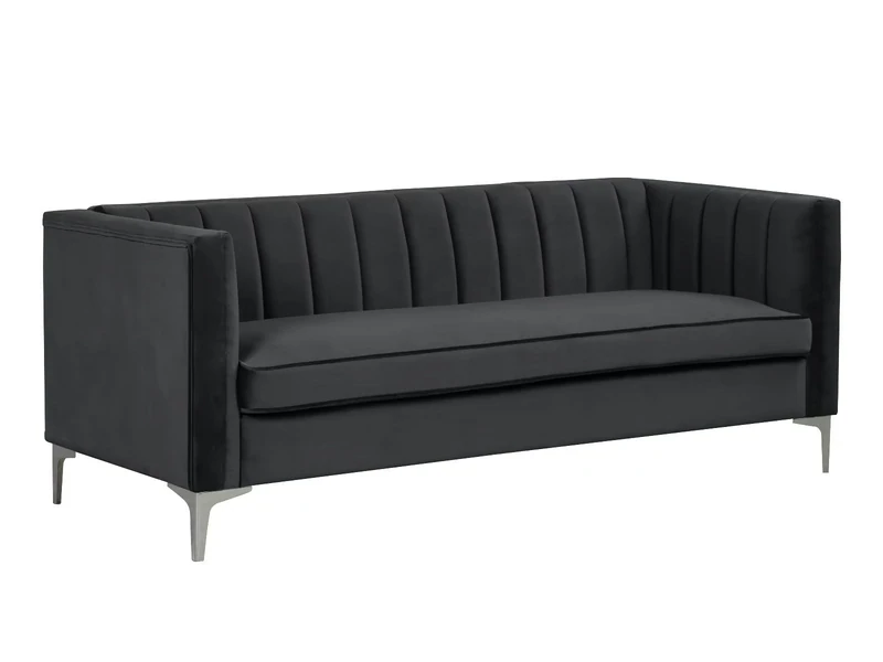 Sofa băng SF-552 màu xám đậm, chụp góc thấp từ phía trước, nổi bật thiết kế hiện đại với lưng và tay vịn có các đường sọc…