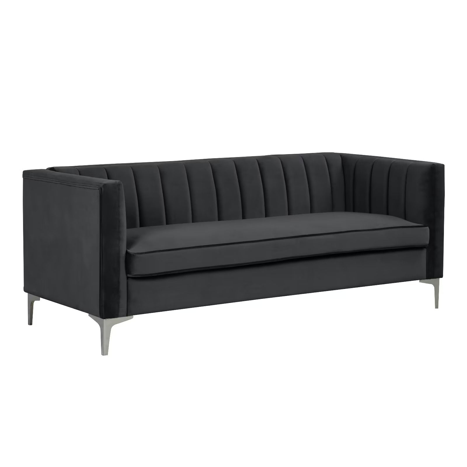 Sofa băng SF-552 màu xám đậm, chụp góc thấp từ phía trước, nổi bật thiết kế hiện đại với lưng và tay vịn có các đường sọc…