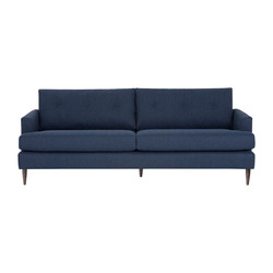 Hình ảnh chính diện của sofa băng bọc vải màu xanh đậm trên nền trắng. Sofa có hai đệm ngồi và hai đệm tựa lưng rời với cá…