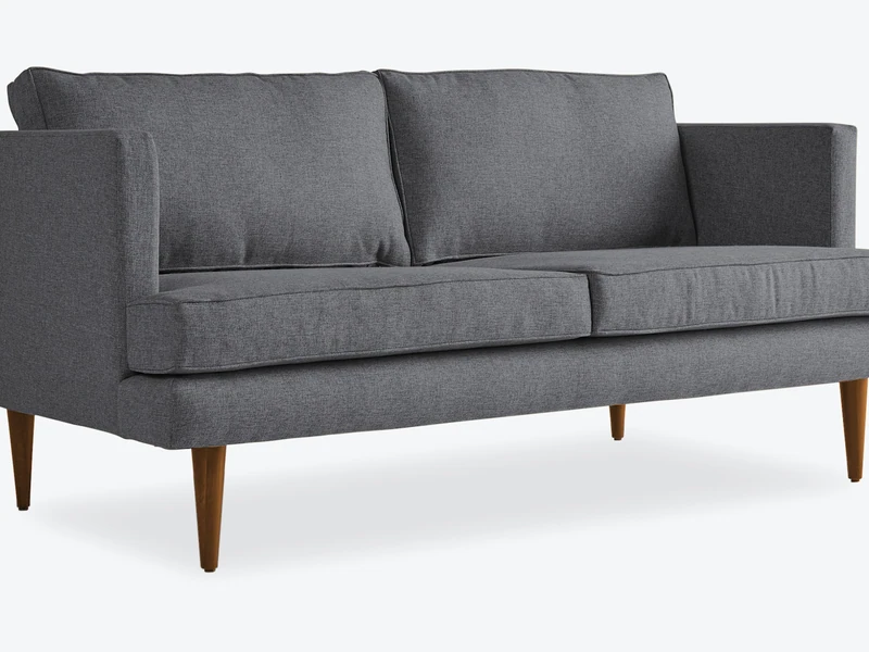 Sofa băng 3 chỗ Preston SF-111 màu xám đậm, bọc vải, chụp chính diện. Thiết kế hiện đại với tay vịn và lưng tựa vuông vắn…