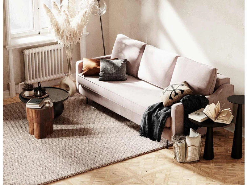 Sofa văng thông minh Abbe SF-429 màu hồng nhạt, chụp góc rộng từ trên xuống hơi chéo, đặt trong phòng khách hiện đại với s…
