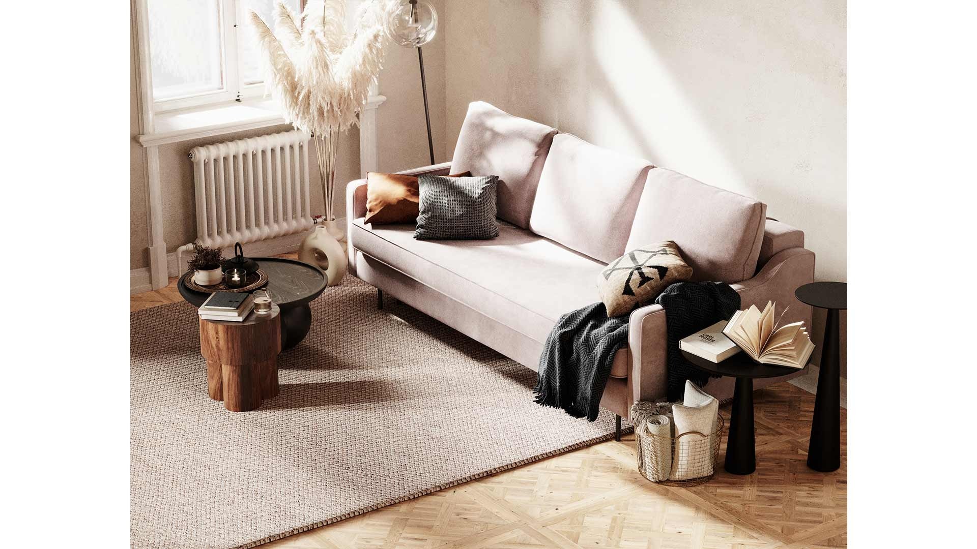 Sofa văng thông minh Abbe SF-429 màu hồng nhạt, chụp góc rộng từ trên xuống hơi chéo, đặt trong phòng khách hiện đại với s…