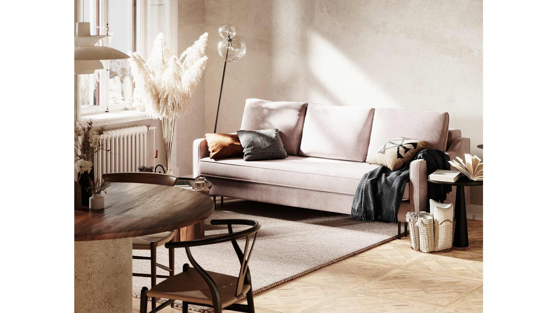 Sofa văng thông minh Abbe SF-429 màu hồng phấn, chụp ngang từ phía trước, đặt trong không gian phòng khách ấm cúng với ánh…