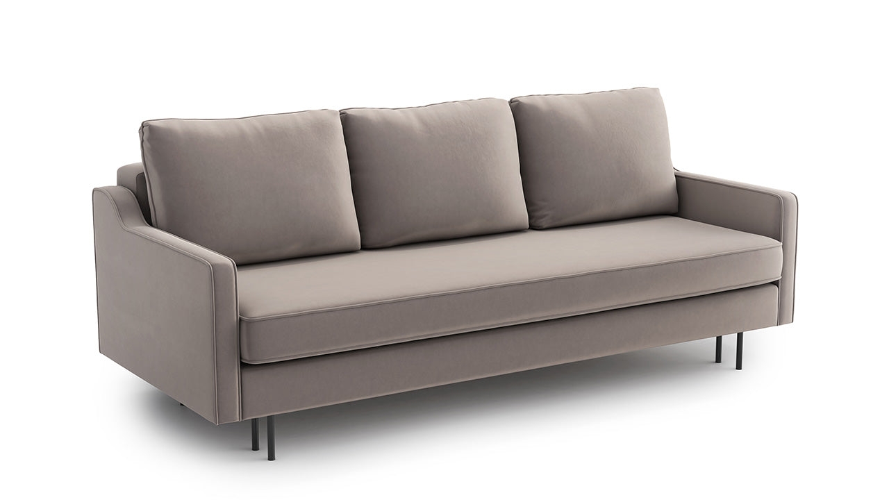 Sofa văng Abbe SF-429 màu xám be, chụp góc 3/4 từ phía trước, trên nền trắng tinh khiết. Sofa có ba đệm ngồi và ba đệm lưn…