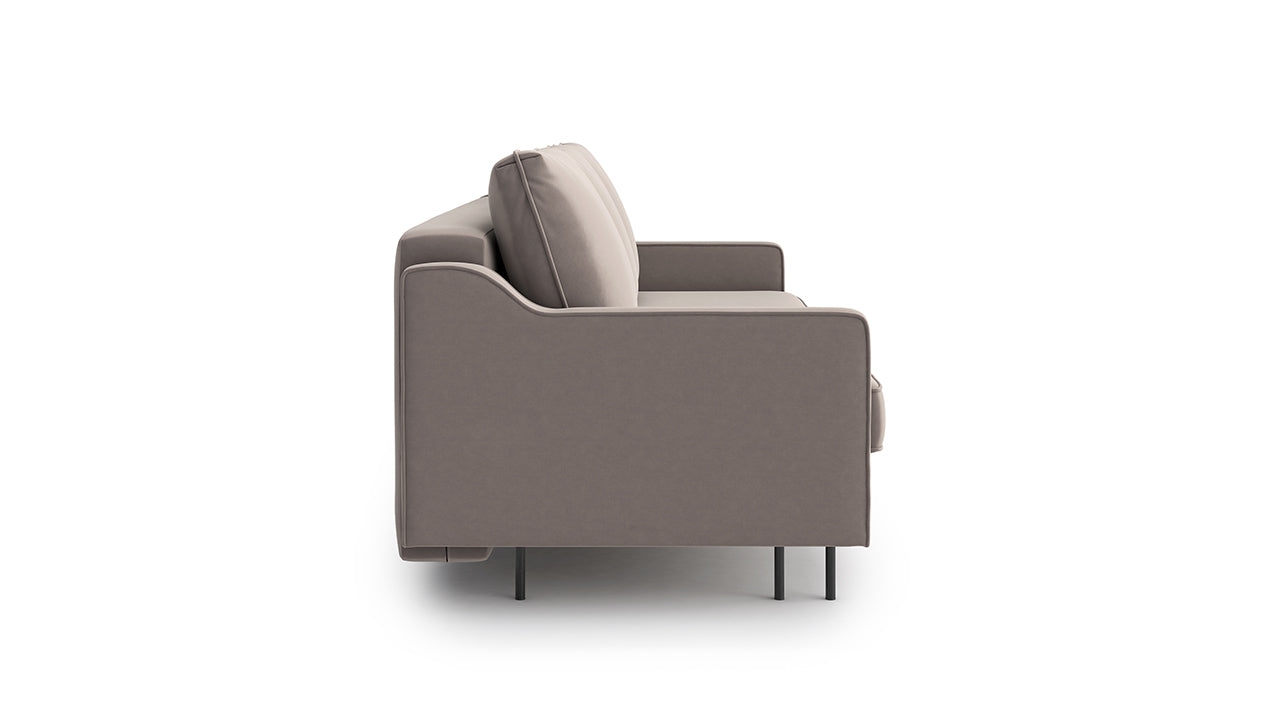 Mặt bên của sofa văng Abbe SF-429 màu xám be, chụp trên nền trắng. Hình ảnh cho thấy rõ độ dày của tay vịn và đệm ngồi, cù…