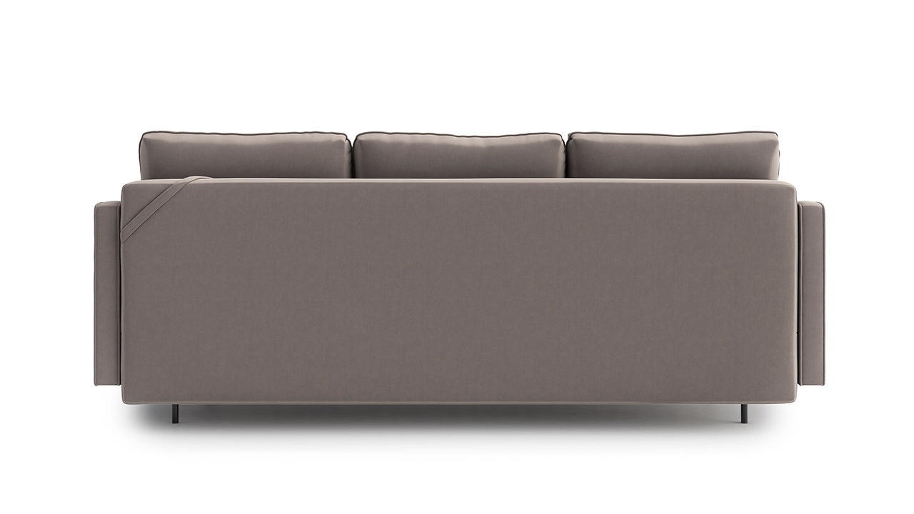Mặt sau của sofa văng Abbe SF-429 màu xám be, chụp trên nền trắng. Sofa có ba đệm lưng rời, phần lưng ghế phẳng và gọn gàn…