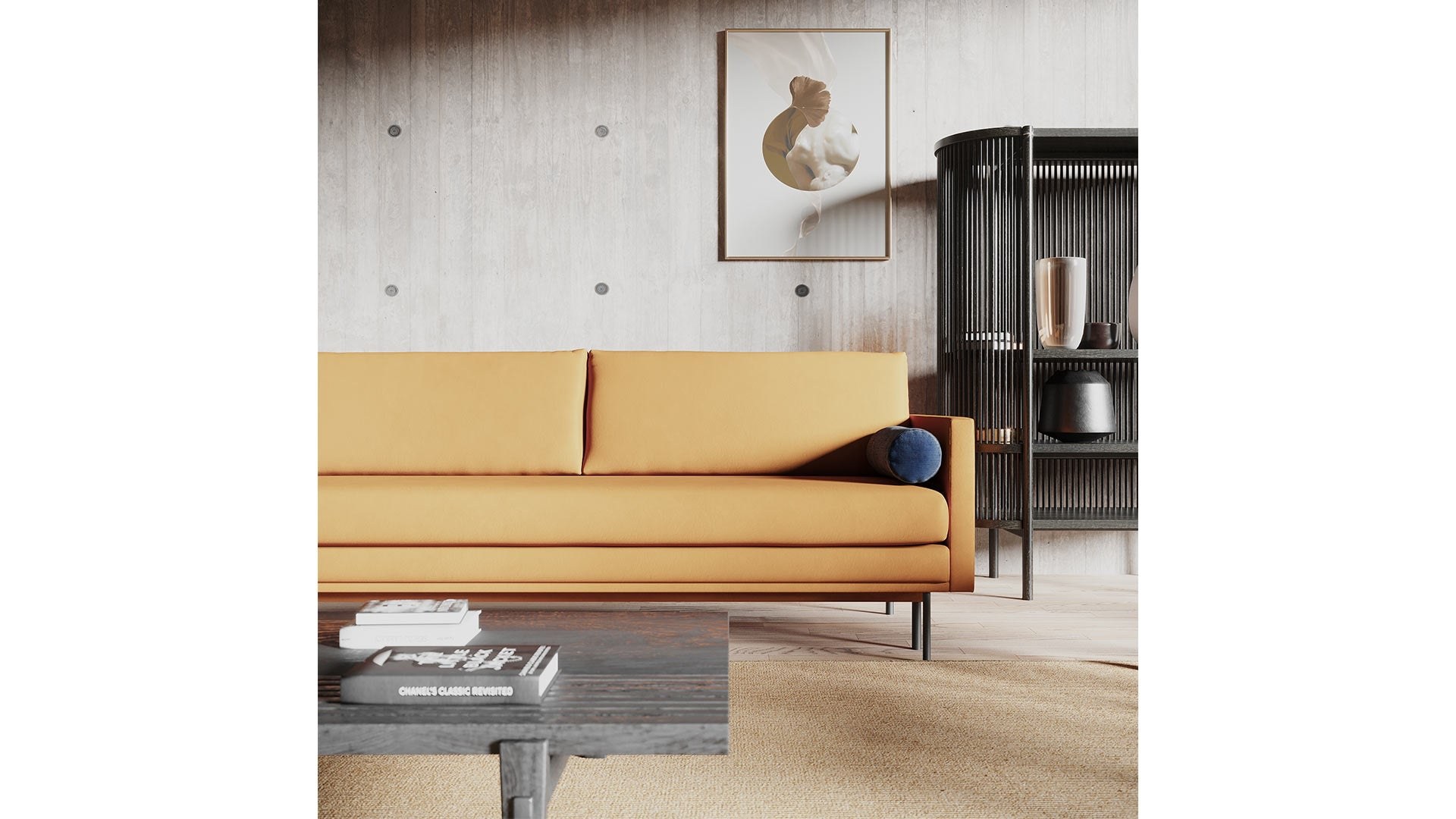 Sofa băng bọc vải phong cách Mid-Century SF-563 chân inox cho phòng khách hiện đại